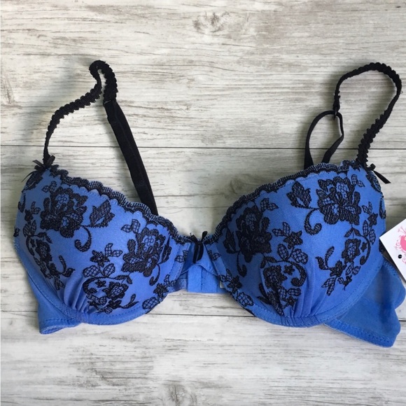 IZA Push-up‎ Padded Periwinkle & Black Floral Embroidered Mesh Overlay Bra NWT - Picture 4 of 13